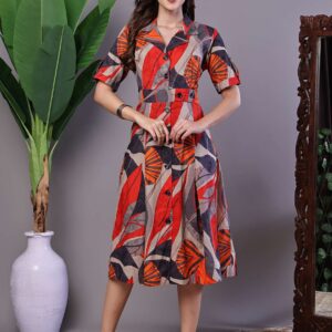 Women's Leaf Print Button-Down Cotton Midi Dress