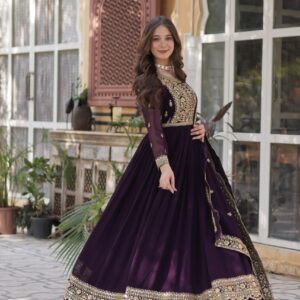 Women's Luxurious Plum Velvet Anarkali Gown with Heavy Gold Zari & Sequin Embroidery β Perfect for Weddings & Grand Festivities