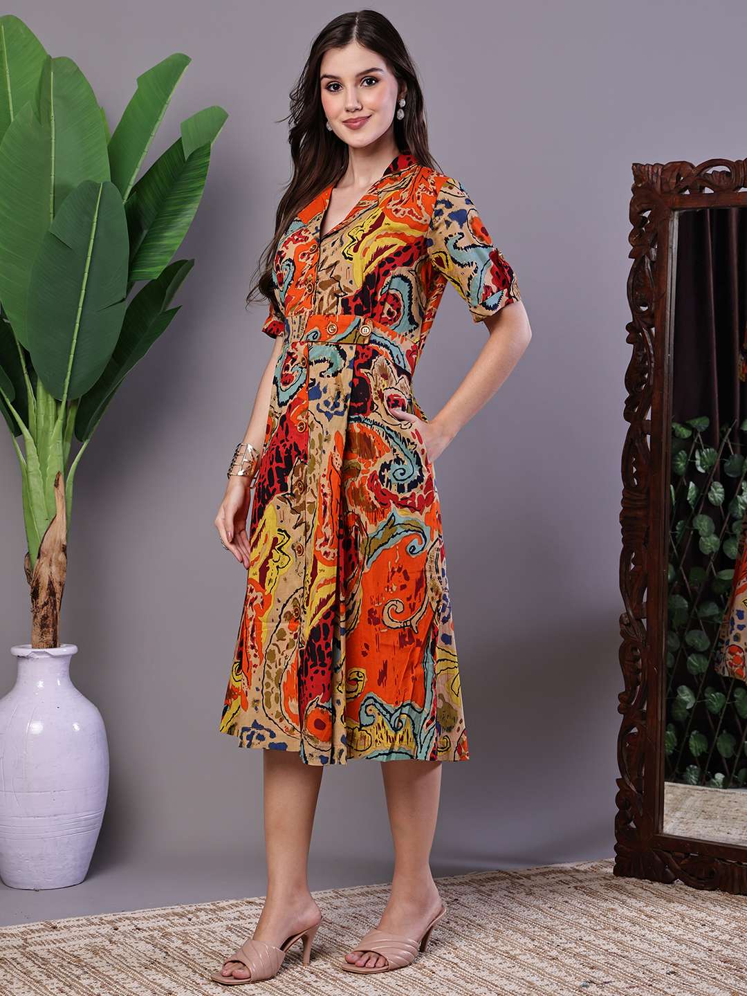 Women's Bohemian Chic Multi-Color Paisley Print Cotton Collared Midi Dress - Image 3